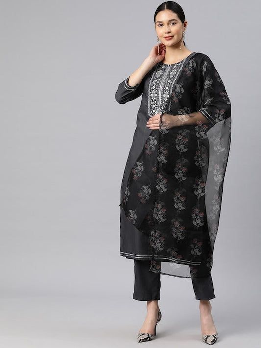 Mitera Floral Yoke Design Regular Thread Work Kurta With Trousers & Dupatta