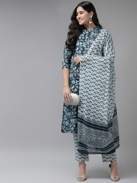 Yufta Women Navy Blue Ethnic Motifs Printed Gotta Patti Pure Cotton Kurta with Trousers & With Dupatta