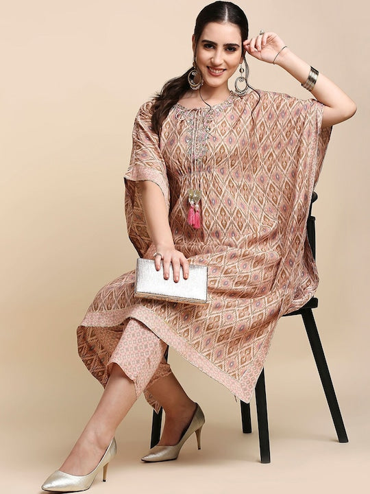 Anubhutee Women Pink & Brown Printed Kaftan Kurta With Trousers - S