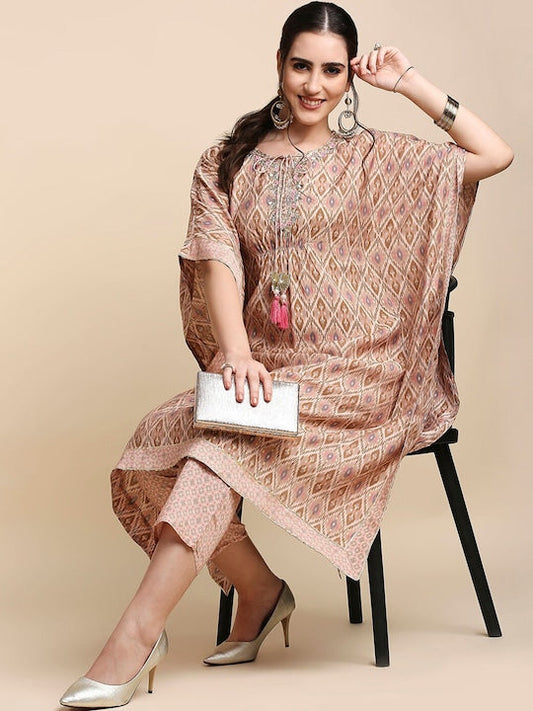 Anubhutee Women Pink & Brown Printed Kaftan Kurta With Trousers - S