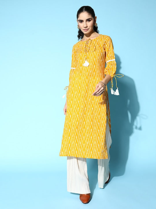 Yufta Women Yellow & White Cotton Tie-Up Neck Puff Sleeves Chevron Printed Kurta