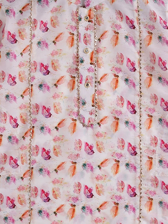 Vastramay Sishu Boys White & Pink Quirky Printed Regular Kurta