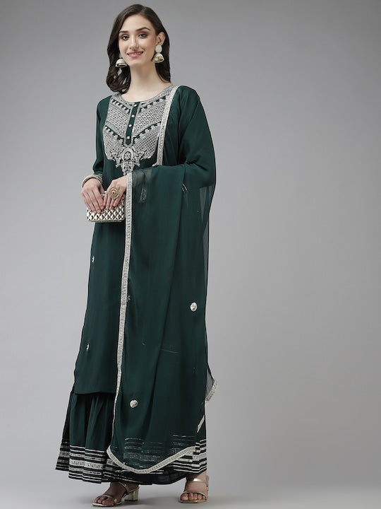 Yufta Women Teal Green Ethnic Motifs Yoke Design Sequinned Kurta with Sharara & Dupatta