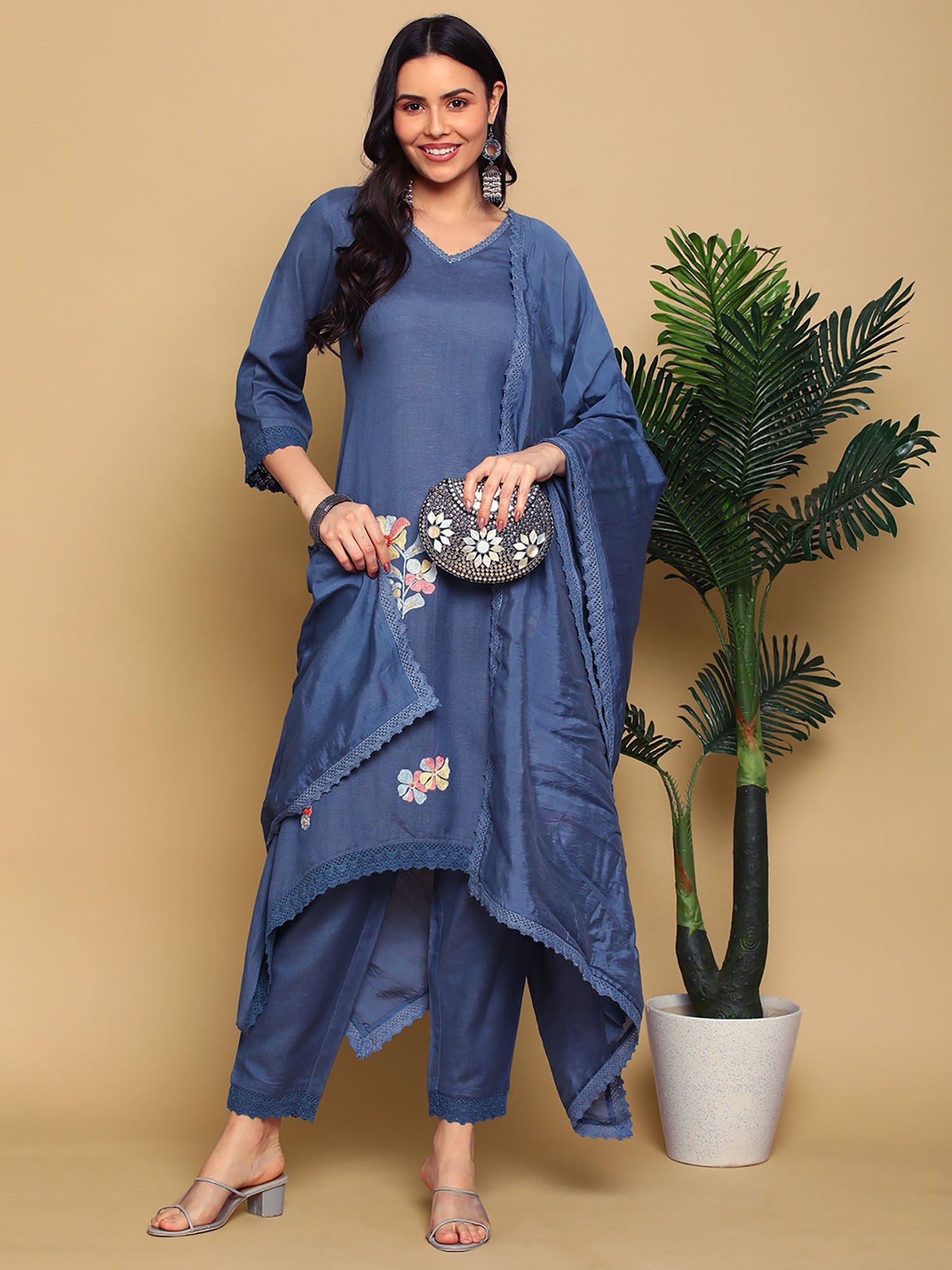 Heeposh Navy Blue Embroidered Rayon Kurta with Lace Work Detailing (Set of 3)