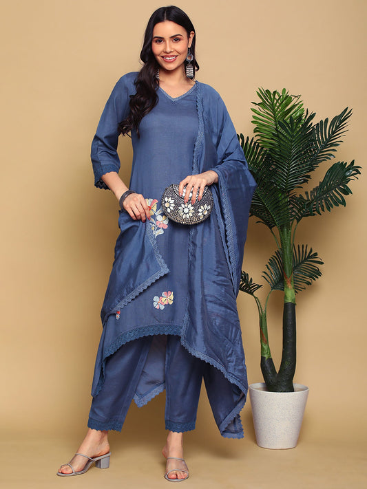 Heeposh Navy Blue Embroidered Rayon Kurta with Lace Work Detailing (Set of 3)