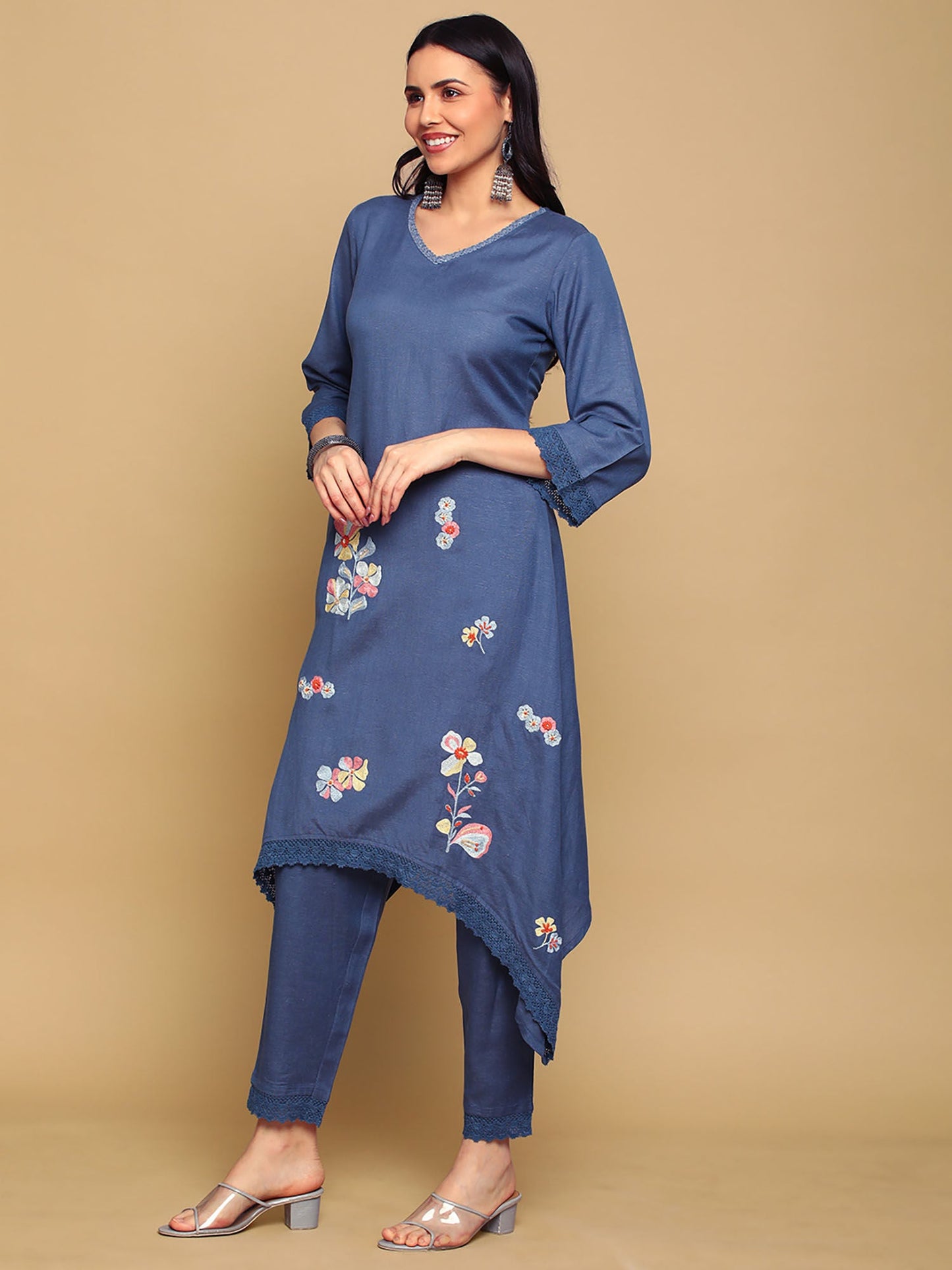 Heeposh Navy Blue Embroidered Rayon Kurta with Lace Work Detailing (Set of 3)