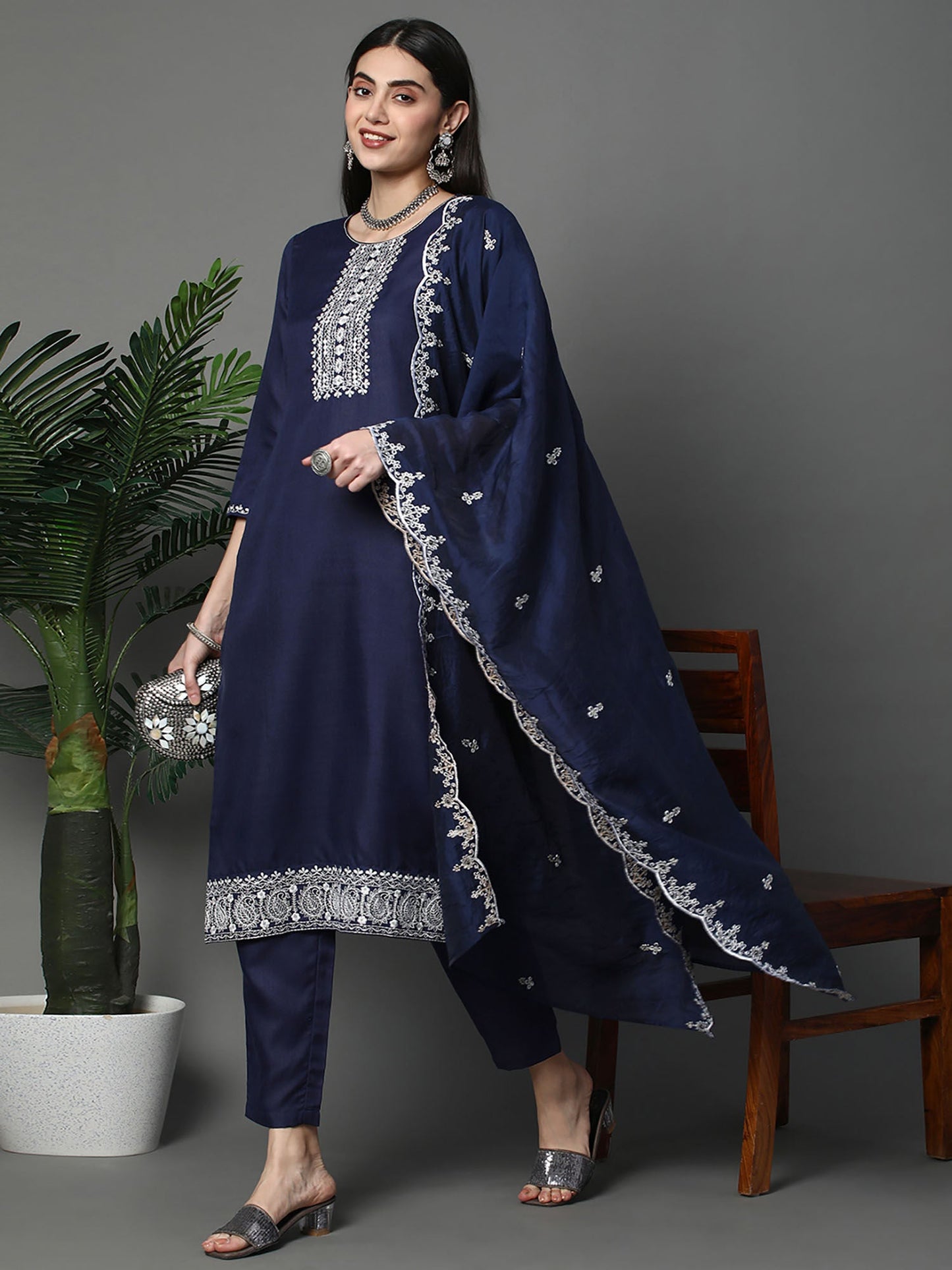 Heeposh Navy Blue Embroidered Kurta with Scallop Dupatta (Set of 3)