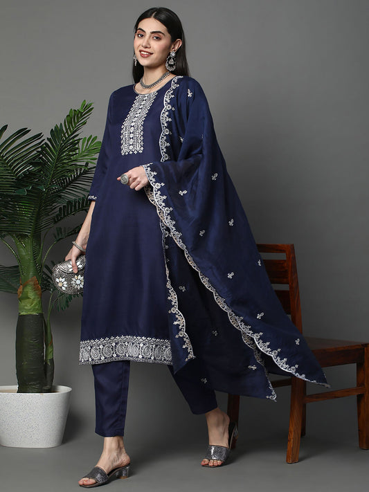 Heeposh Navy Blue Embroidered Kurta with Scallop Dupatta (Set of 3)