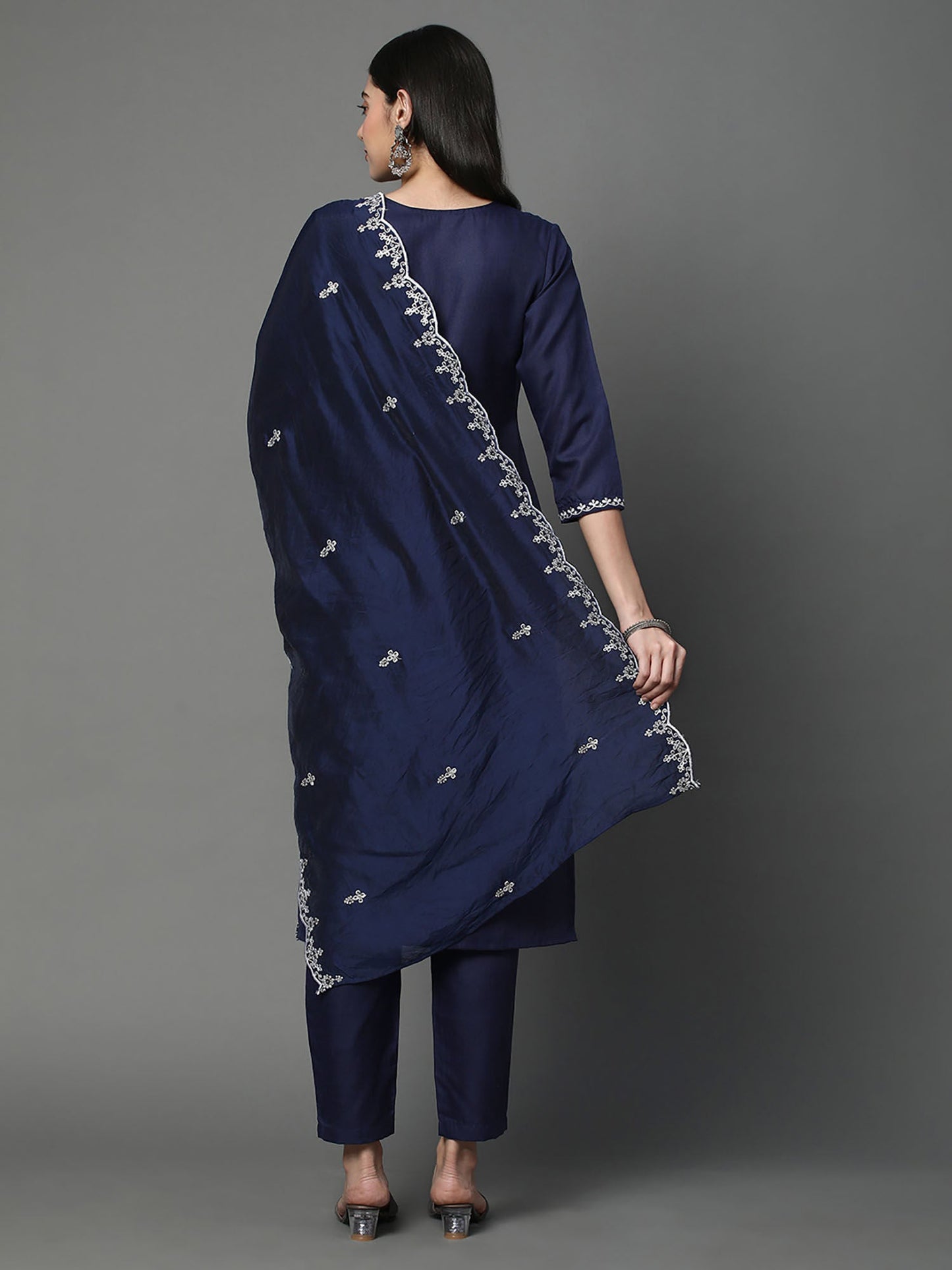 Heeposh Navy Blue Embroidered Kurta with Scallop Dupatta (Set of 3)