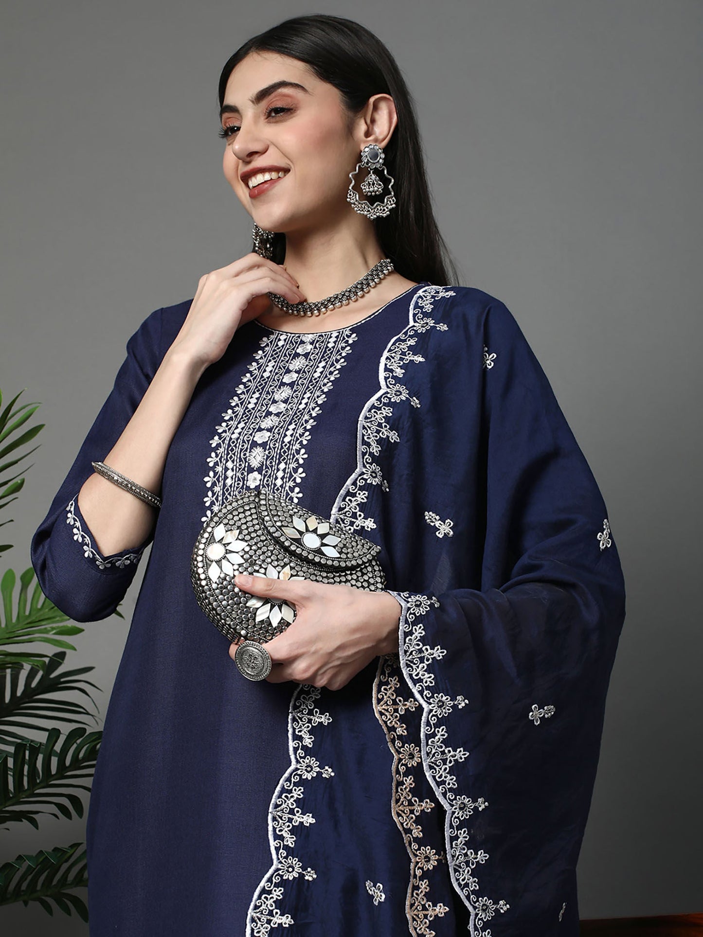 Heeposh Navy Blue Embroidered Kurta with Scallop Dupatta (Set of 3)