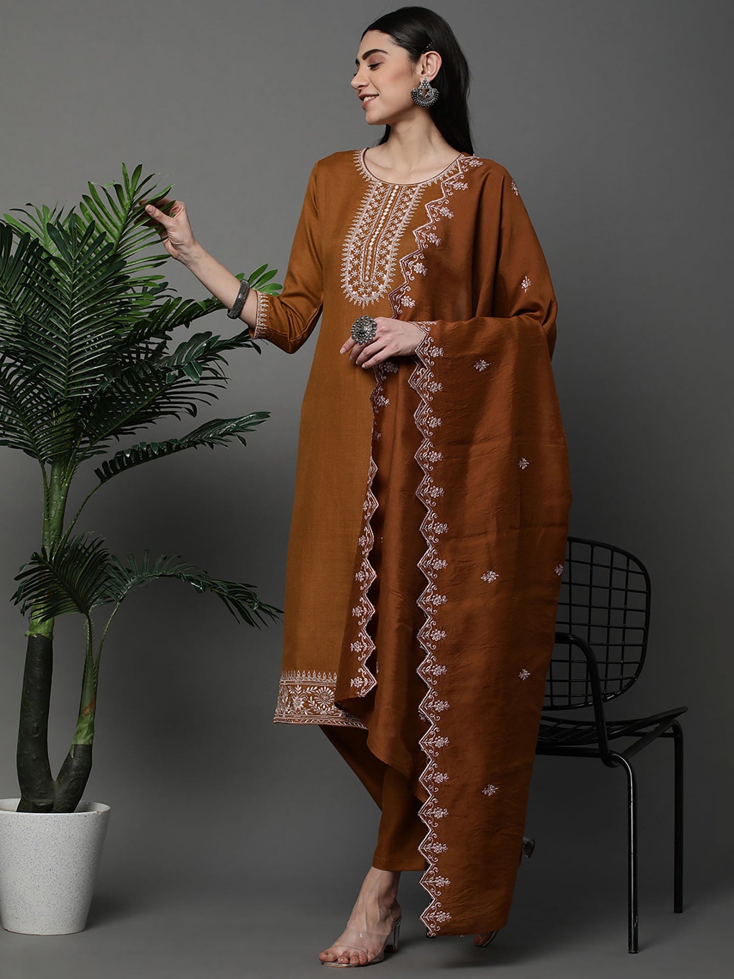 Heeposh Almond Brown Embroidered Kurta with Scallop Dupatta (Set of 3)