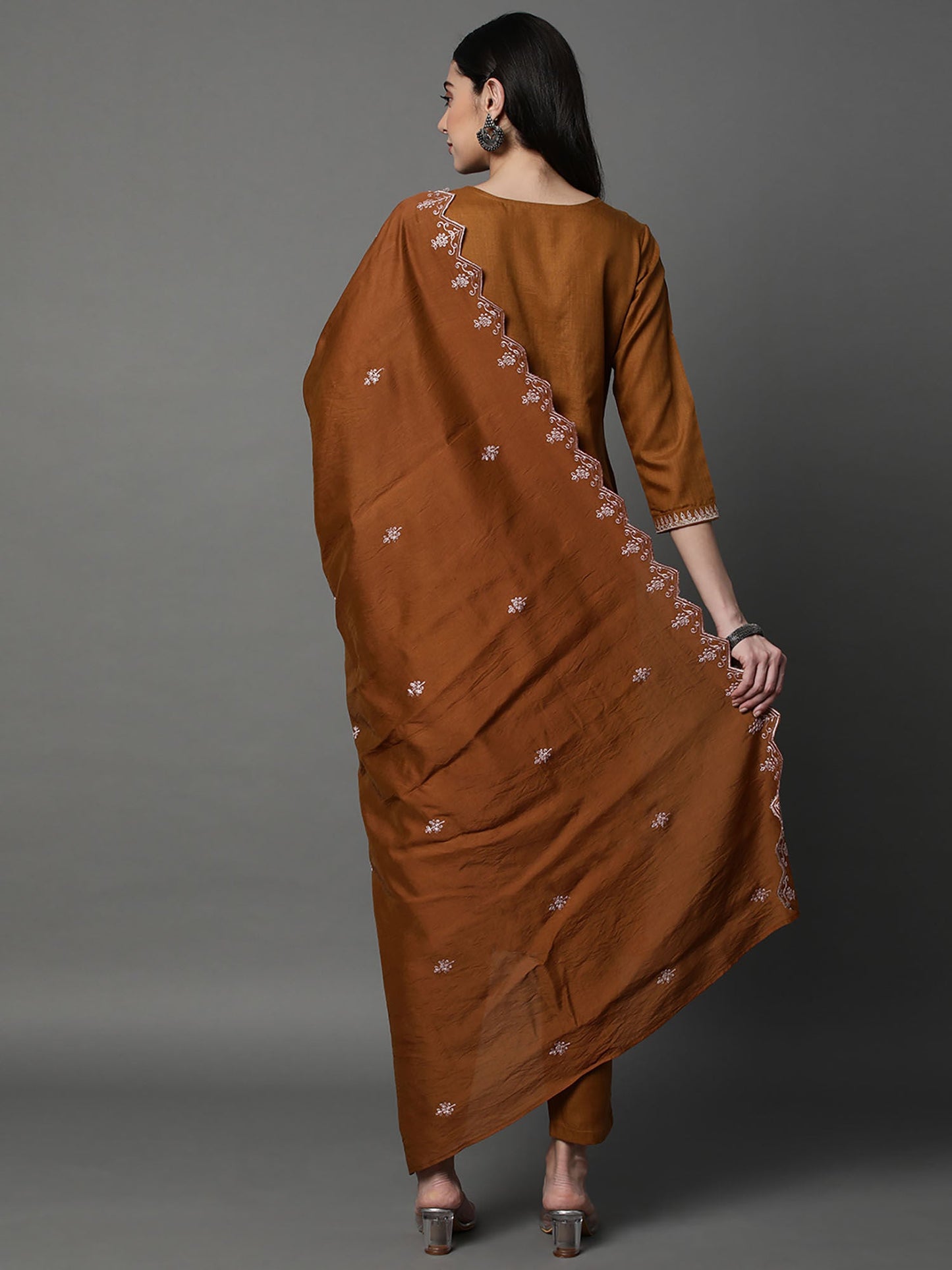 Heeposh Almond Brown Embroidered Kurta with Scallop Dupatta (Set of 3)