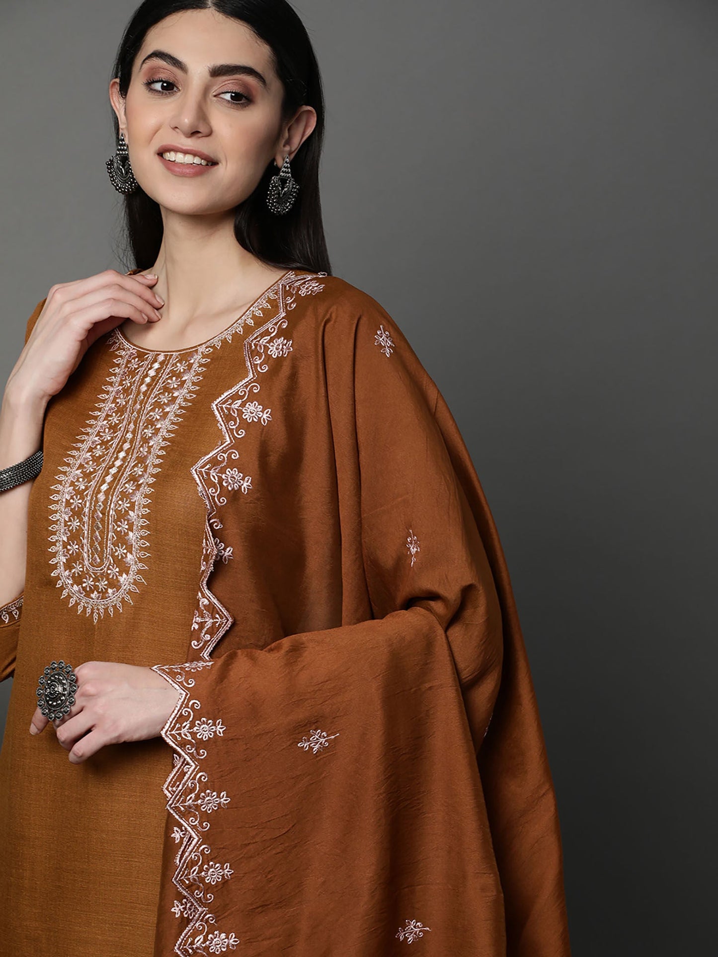 Heeposh Almond Brown Embroidered Kurta with Scallop Dupatta (Set of 3)