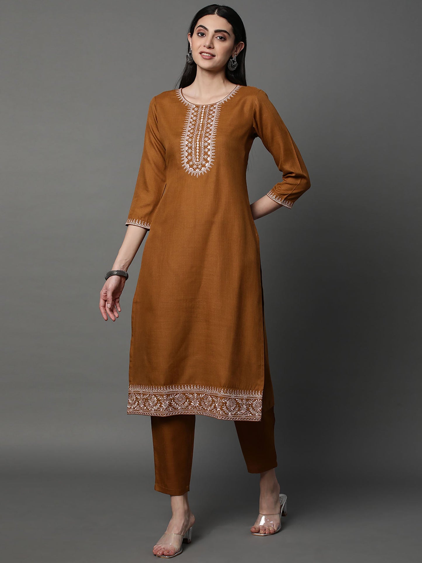 Heeposh Almond Brown Embroidered Kurta with Scallop Dupatta (Set of 3)