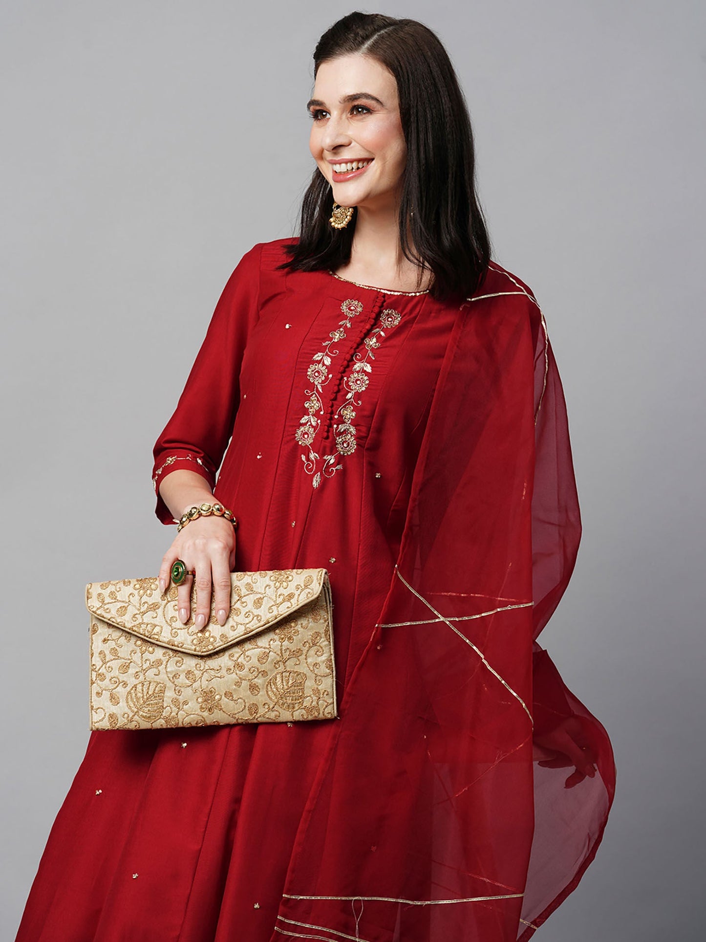 Heeposh Red Embroidered Anarkali Kurta with Organza Silk Dupatta (Set of 3)
