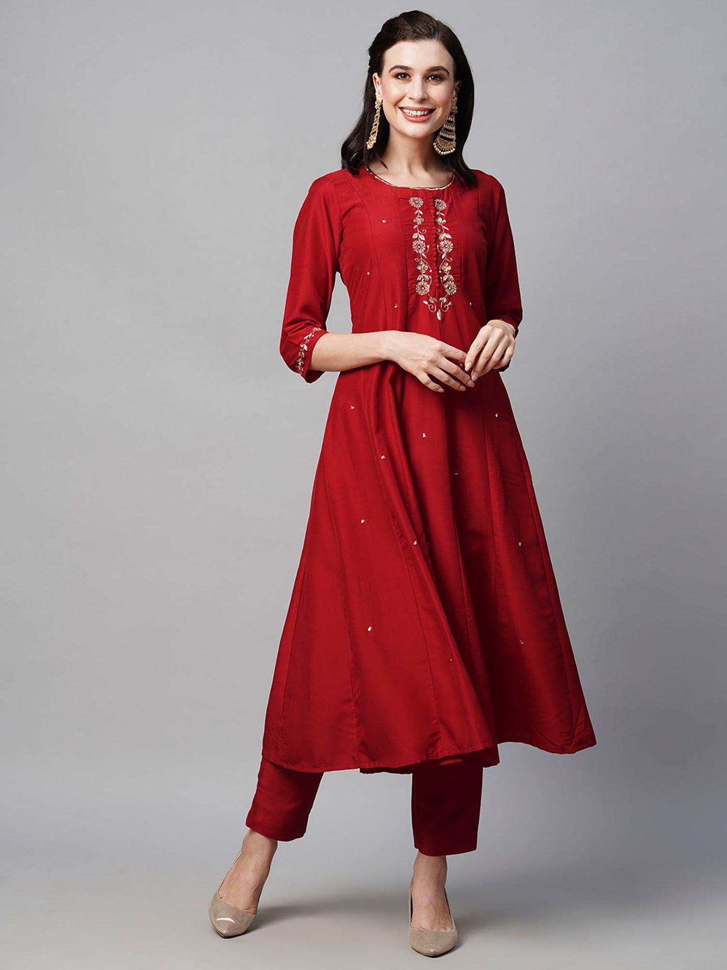 Heeposh Red Embroidered Anarkali Kurta with Organza Silk Dupatta (Set of 3)