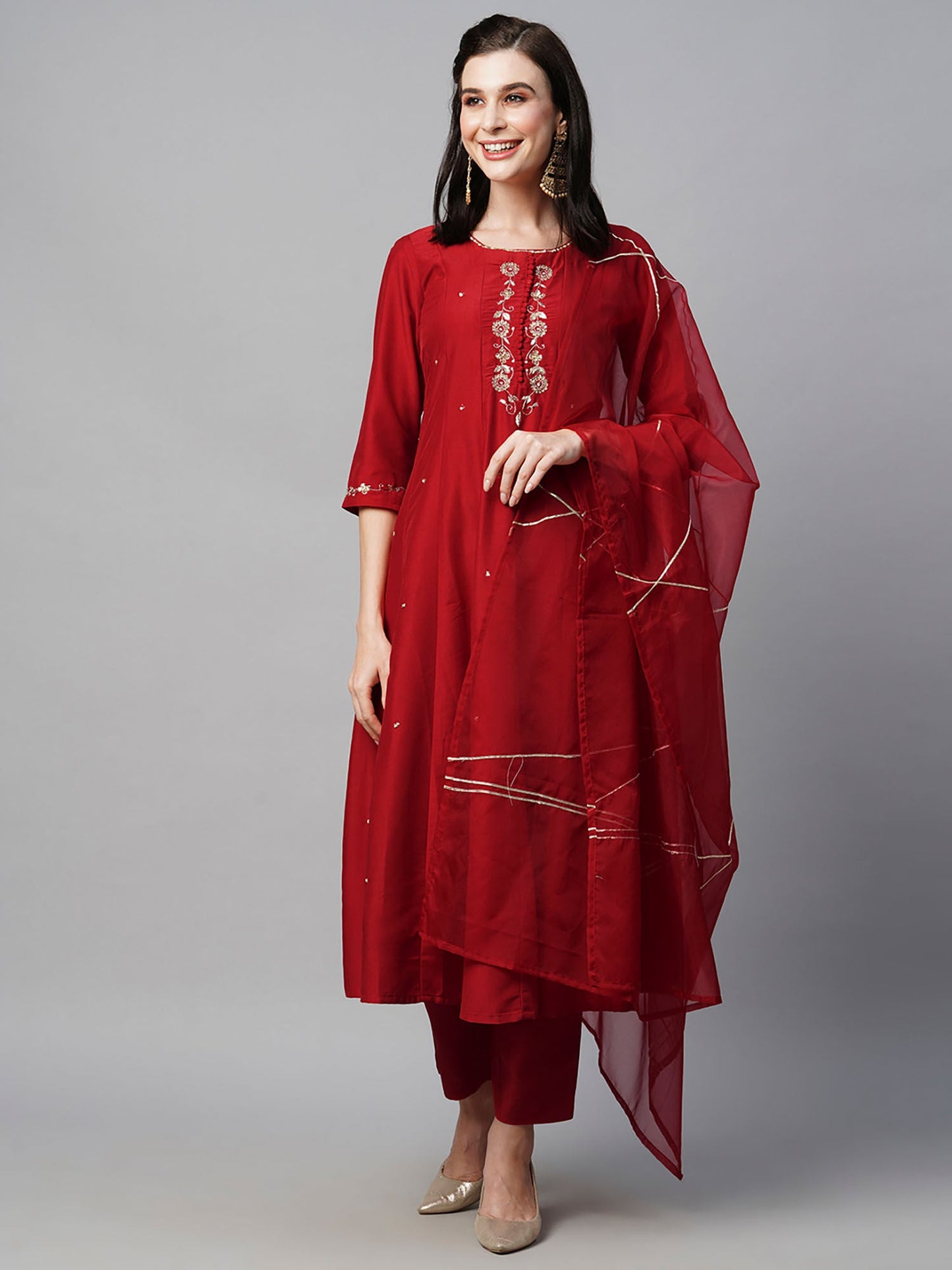 Heeposh Red Embroidered Anarkali Kurta with Organza Silk Dupatta (Set of 3)