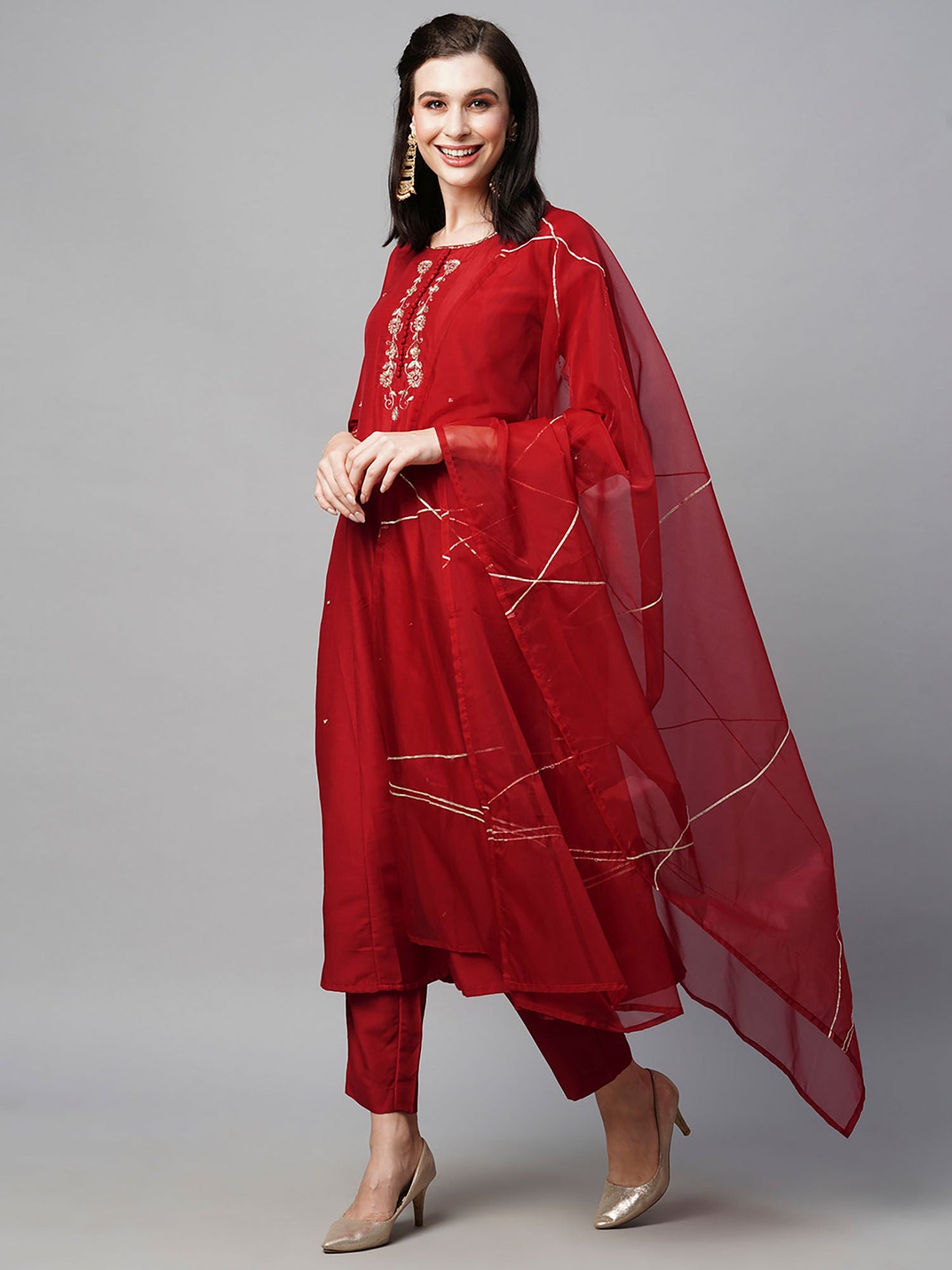 Heeposh Red Embroidered Anarkali Kurta with Organza Silk Dupatta (Set of 3)