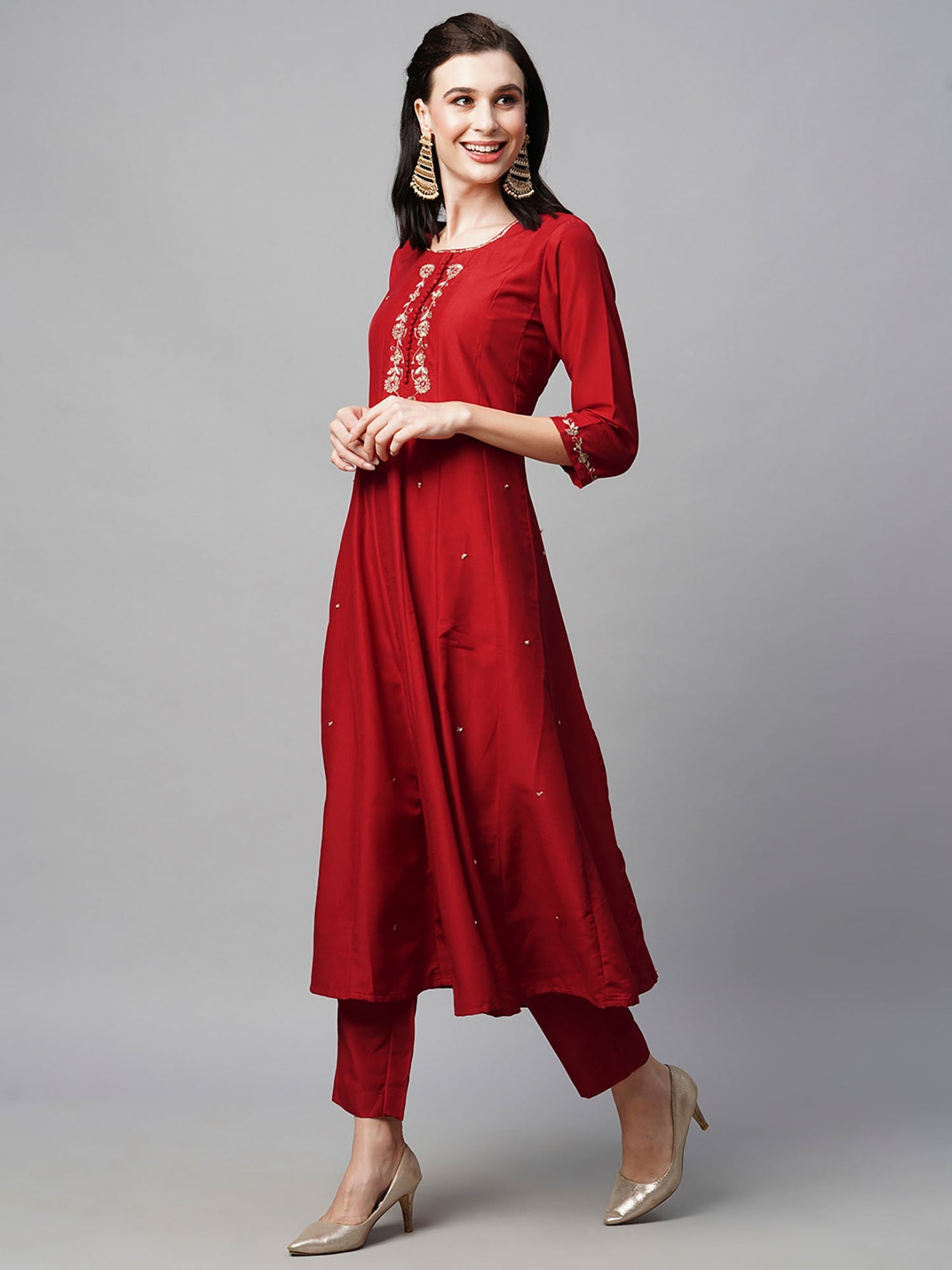 Heeposh Red Embroidered Anarkali Kurta with Organza Silk Dupatta (Set of 3)
