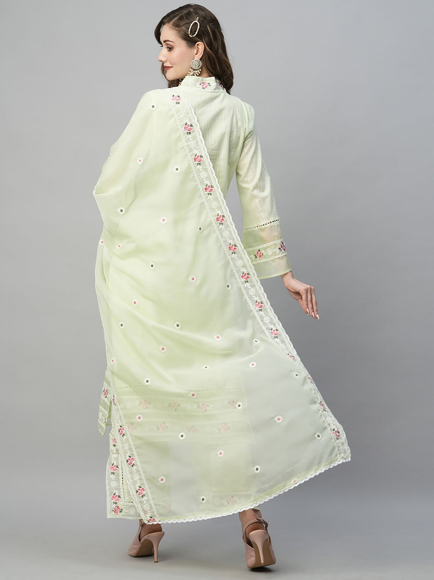 Heeposh Green Pure Cotton Schiffli Kurta with Organza Embroidered Dupatta (Set of 3)