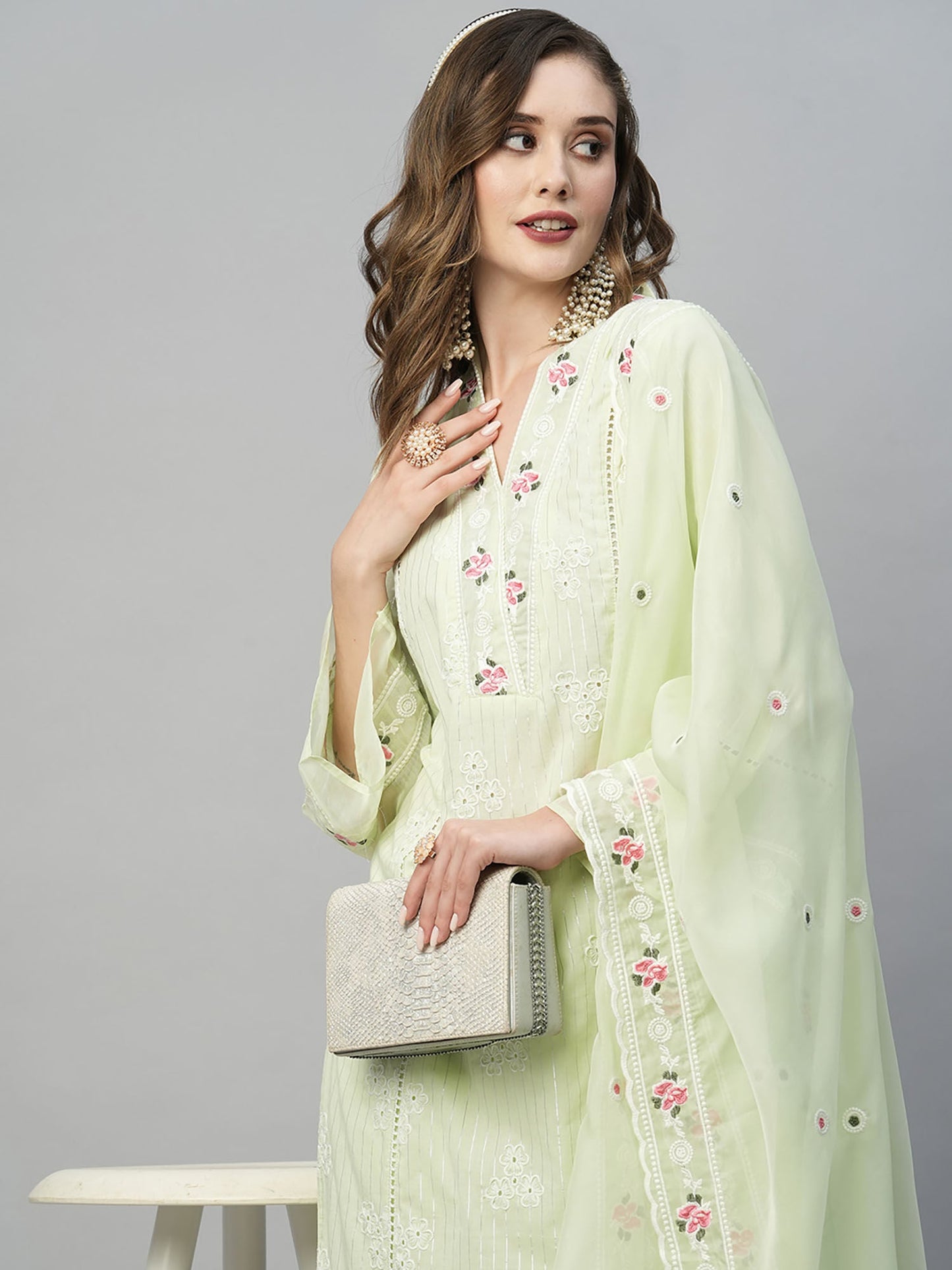 Heeposh Green Pure Cotton Schiffli Kurta with Organza Embroidered Dupatta (Set of 3)