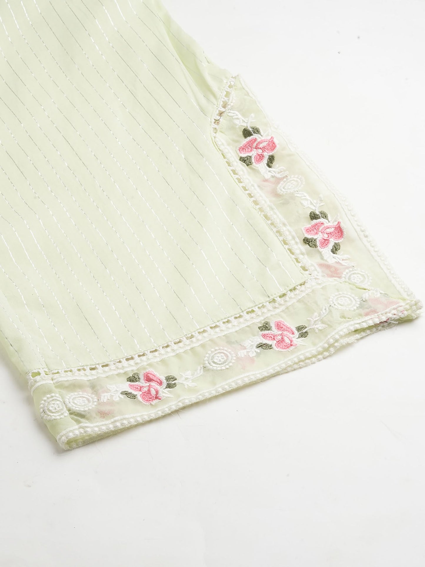 Heeposh Green Pure Cotton Schiffli Kurta with Organza Embroidered Dupatta (Set of 3)