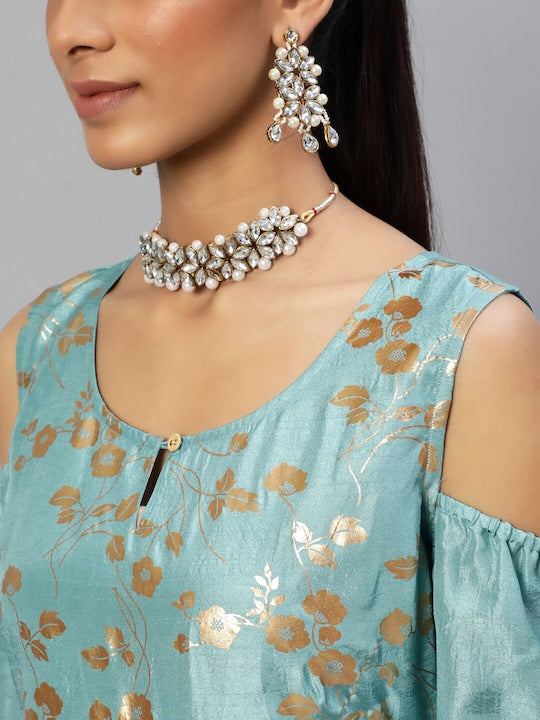 AKS Couture Floral Printed Keyhole Neck Cold-Shoulder Sleeves Anarkali Kurta