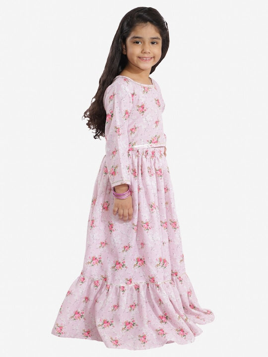 Vastramay Girls Pink & Green Printed Linen Crop Top & Ruffle Skirt