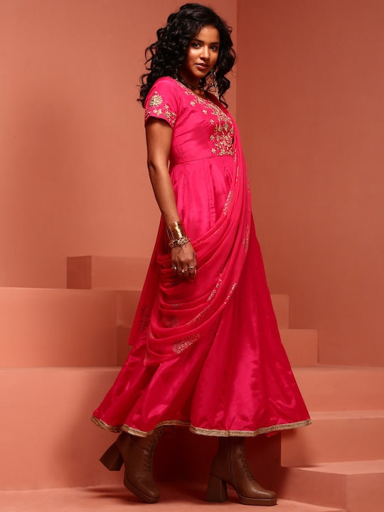 IMARA Ethnic Motifs Embroidered A-Line Ethnic Dress With Dupatta