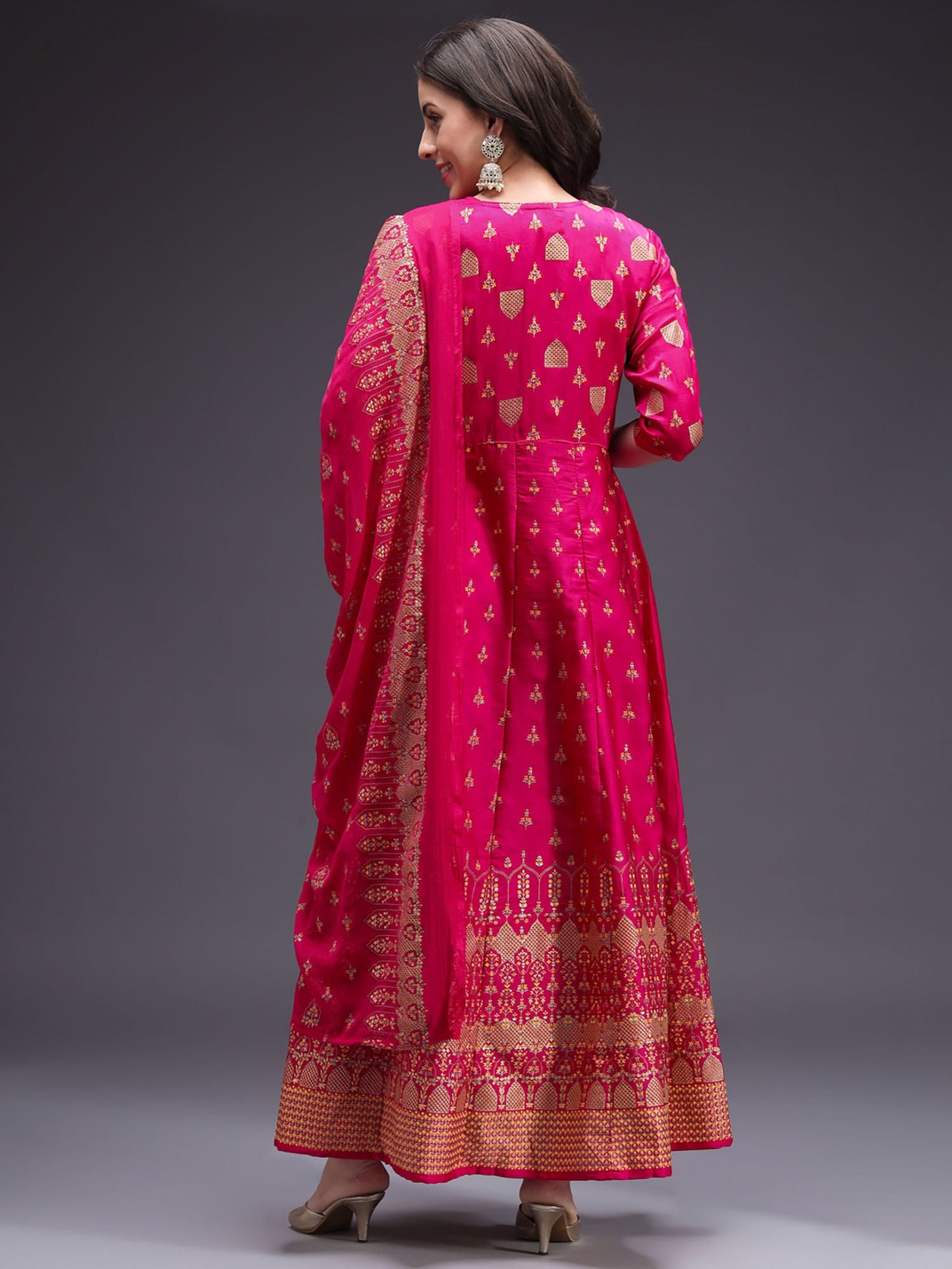 Heeposh Pink Gold Foil Printed Flared Kurta with Chiffon Dupatta (Set of 2)