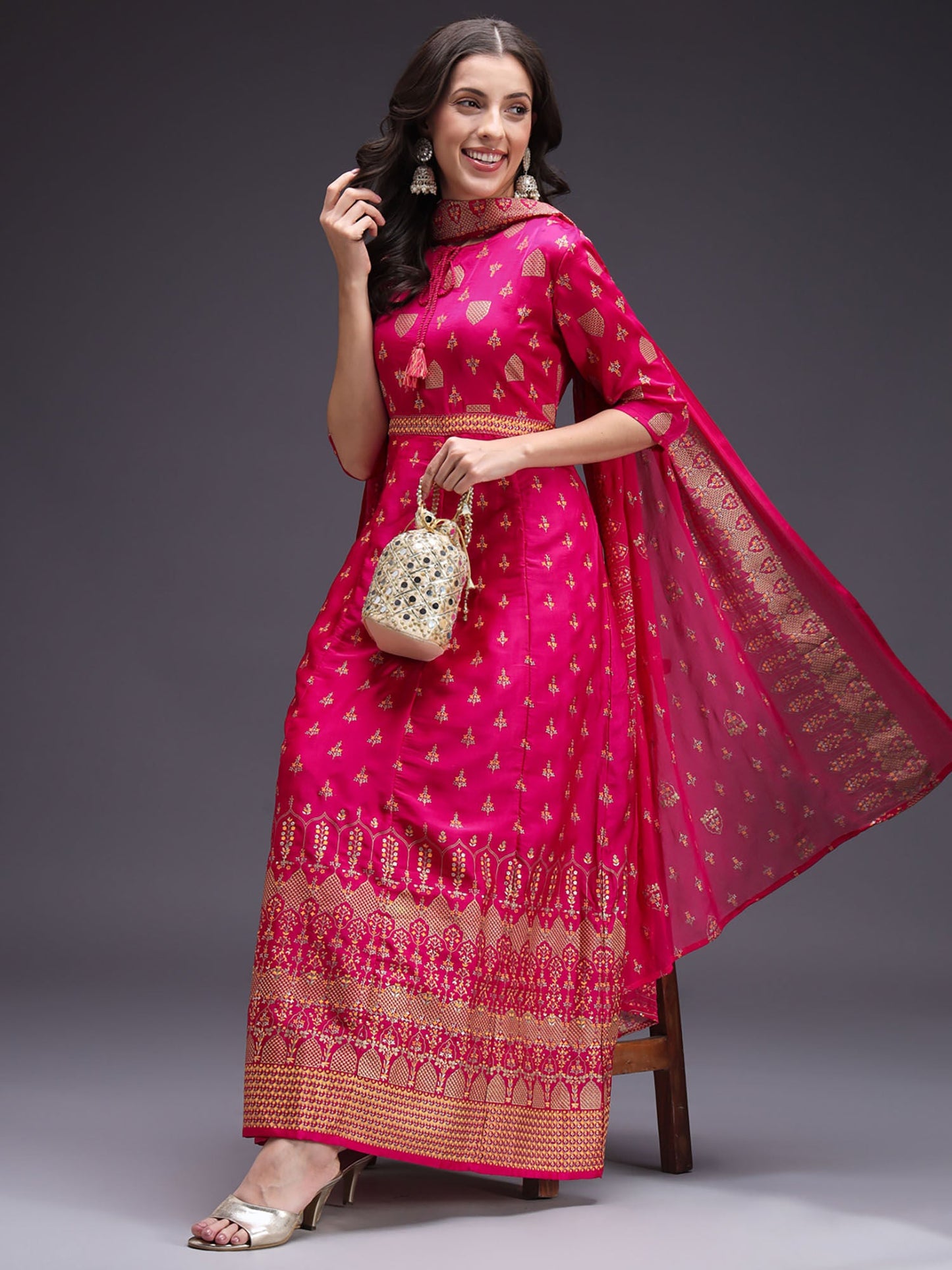 Heeposh Pink Gold Foil Printed Flared Kurta with Chiffon Dupatta (Set of 2)