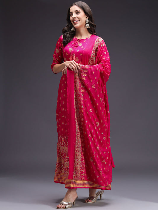 Heeposh Pink Gold Foil Printed Flared Kurta with Chiffon Dupatta (Set of 2)