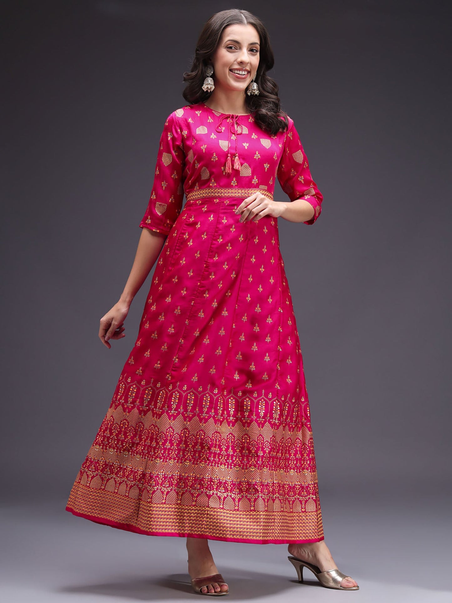 Heeposh Pink Gold Foil Printed Flared Kurta with Chiffon Dupatta (Set of 2)