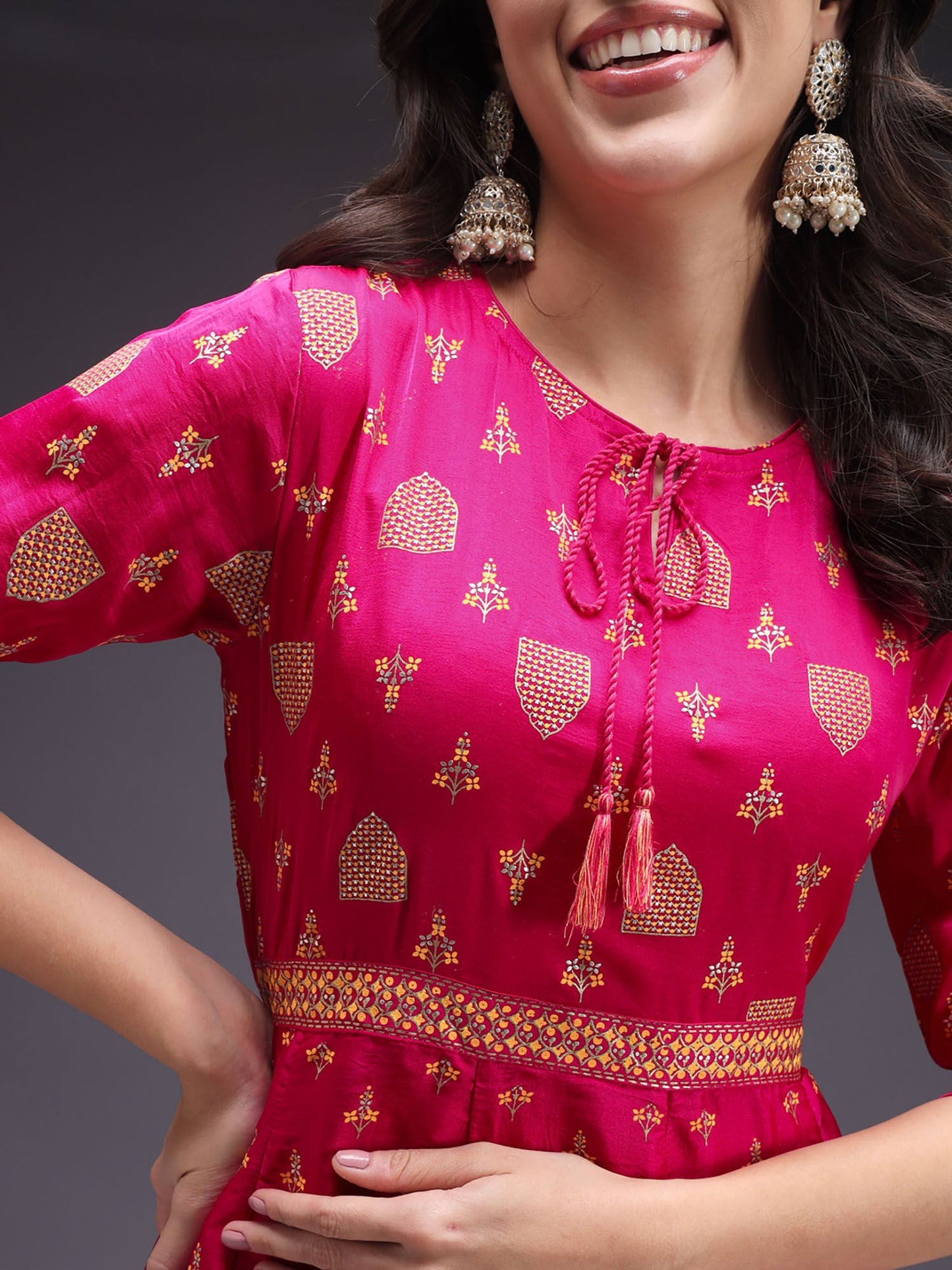 Heeposh Pink Gold Foil Printed Flared Kurta with Chiffon Dupatta (Set of 2)