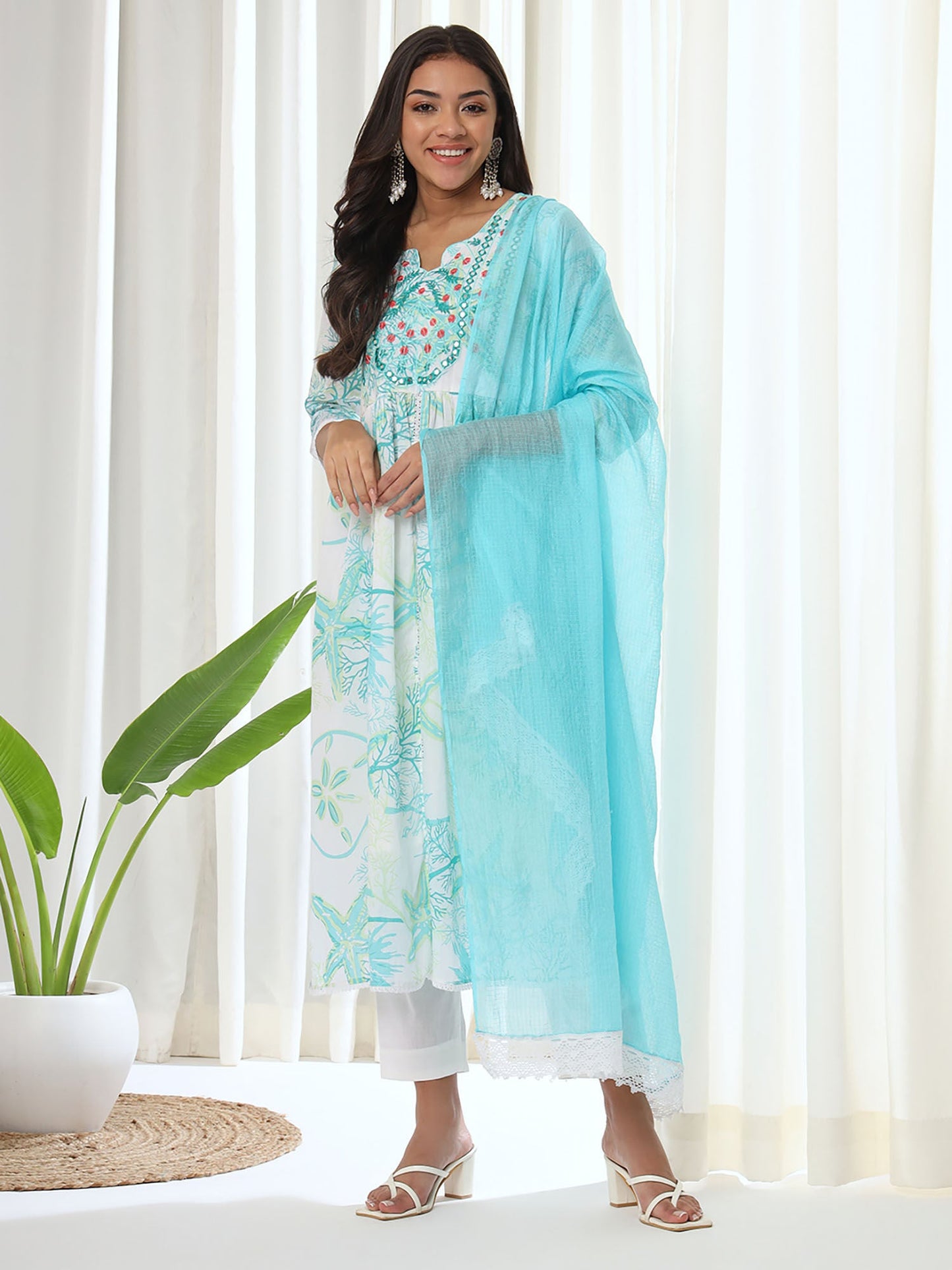 Heeposh Blue Floral Printed A-Line Kurta & Pant with Dupatta (Set of 3)