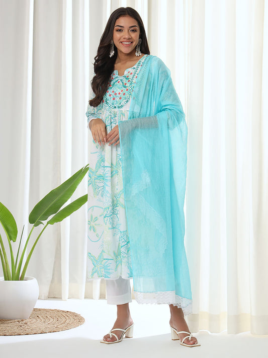 Heeposh Blue Floral Printed A-Line Kurta & Pant with Dupatta (Set of 3)
