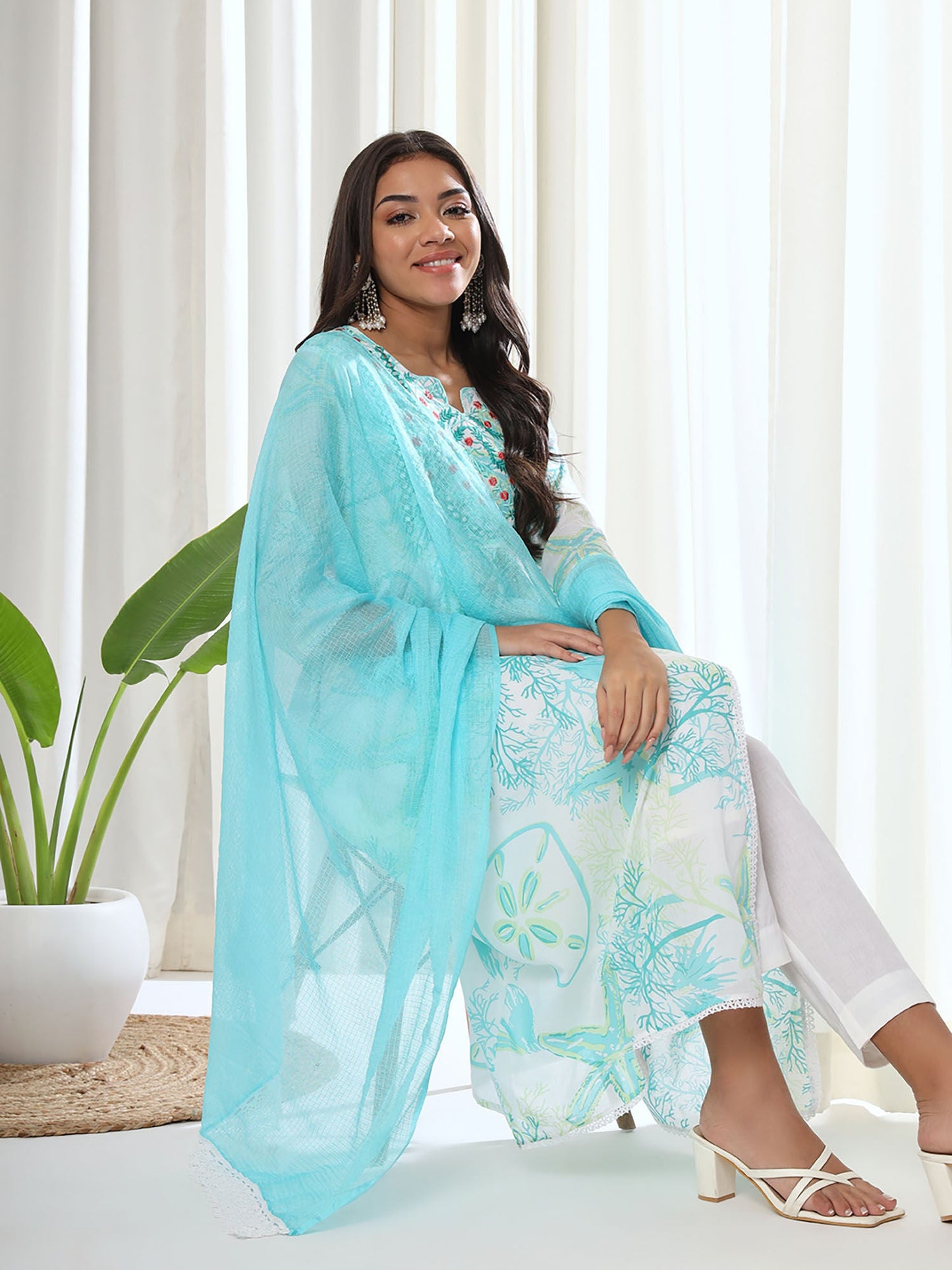 Heeposh Blue Floral Printed A-Line Kurta & Pant with Dupatta (Set of 3)