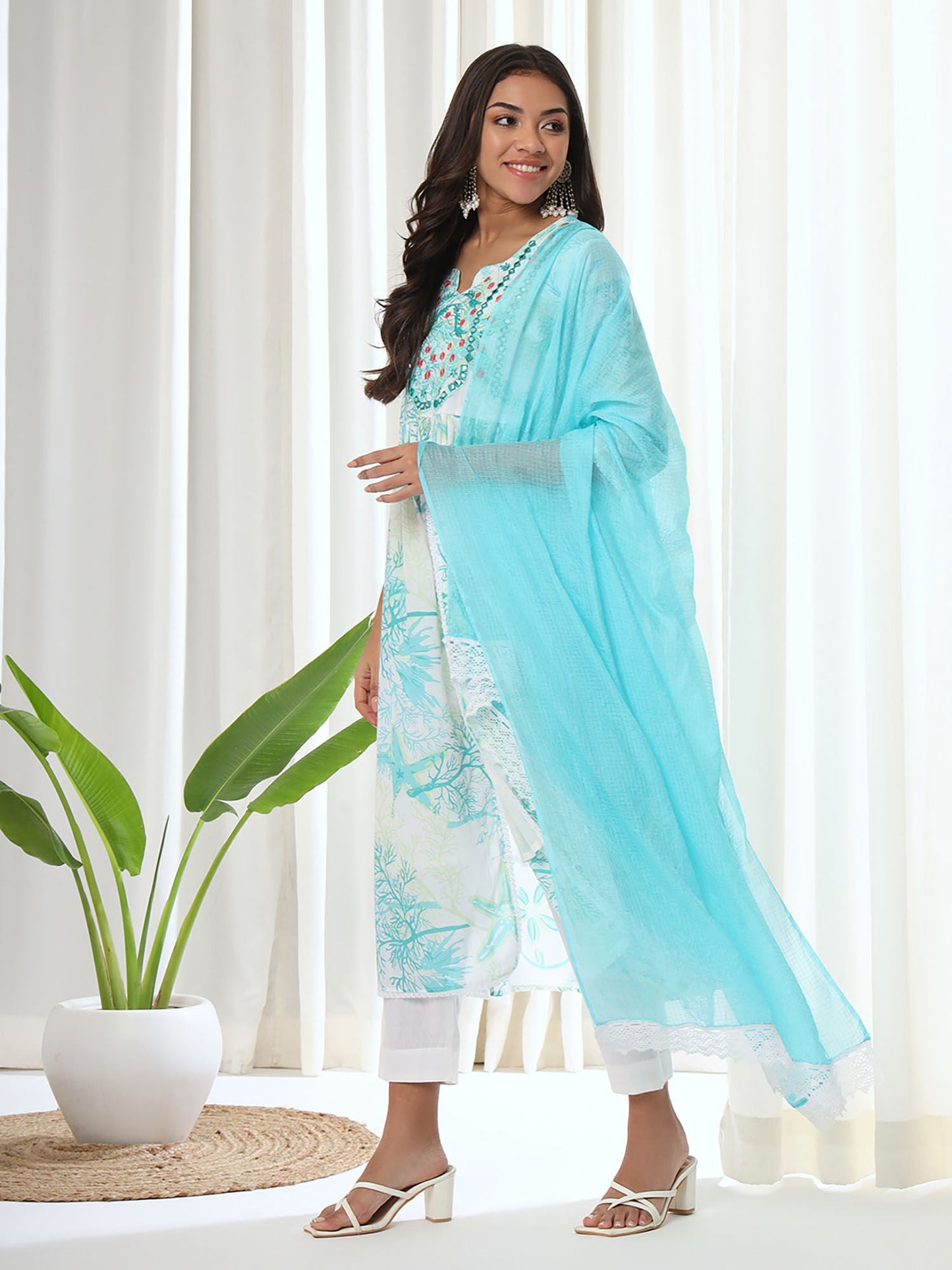 Heeposh Blue Floral Printed A-Line Kurta & Pant with Dupatta (Set of 3)