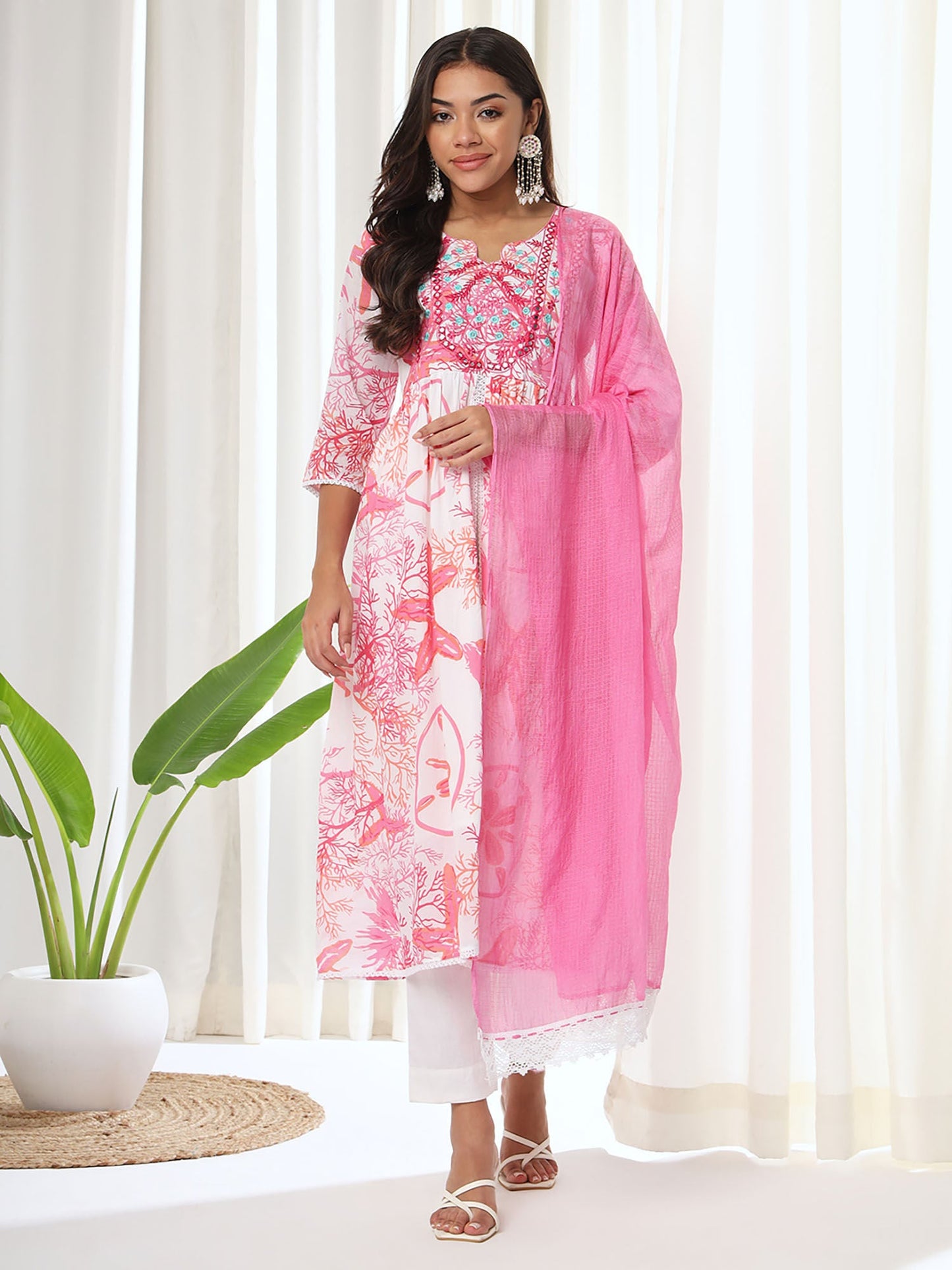 Heeposh Pink Floral Printed A-Line Kurta & Pant with Dupatta (Set of 3)