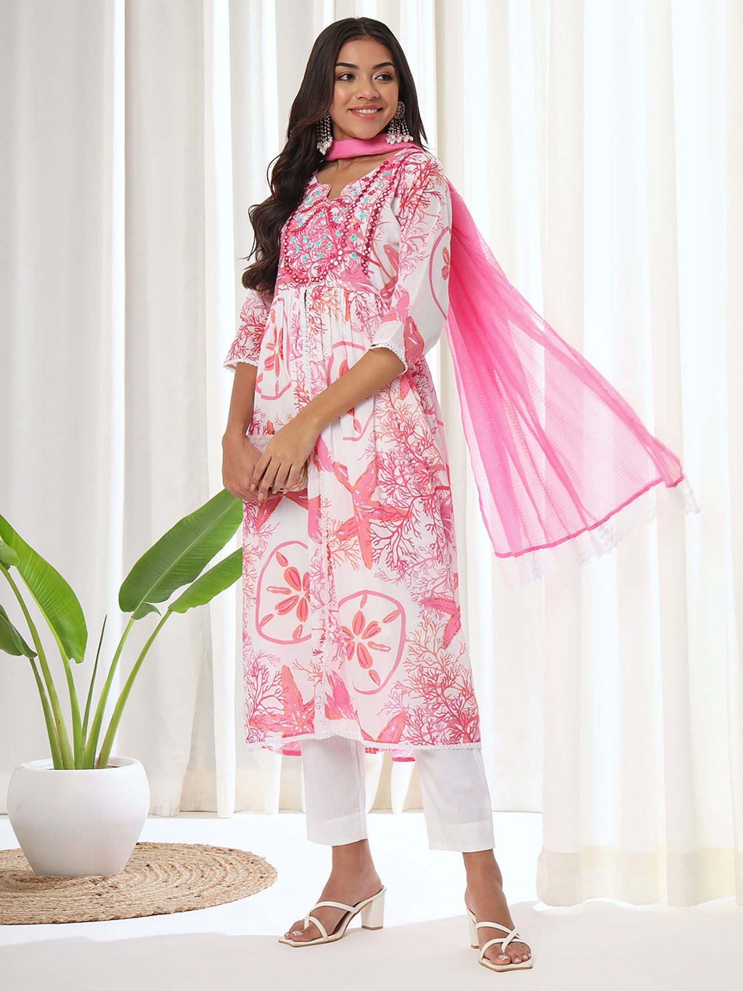 Heeposh Pink Floral Printed A-Line Kurta & Pant with Dupatta (Set of 3)