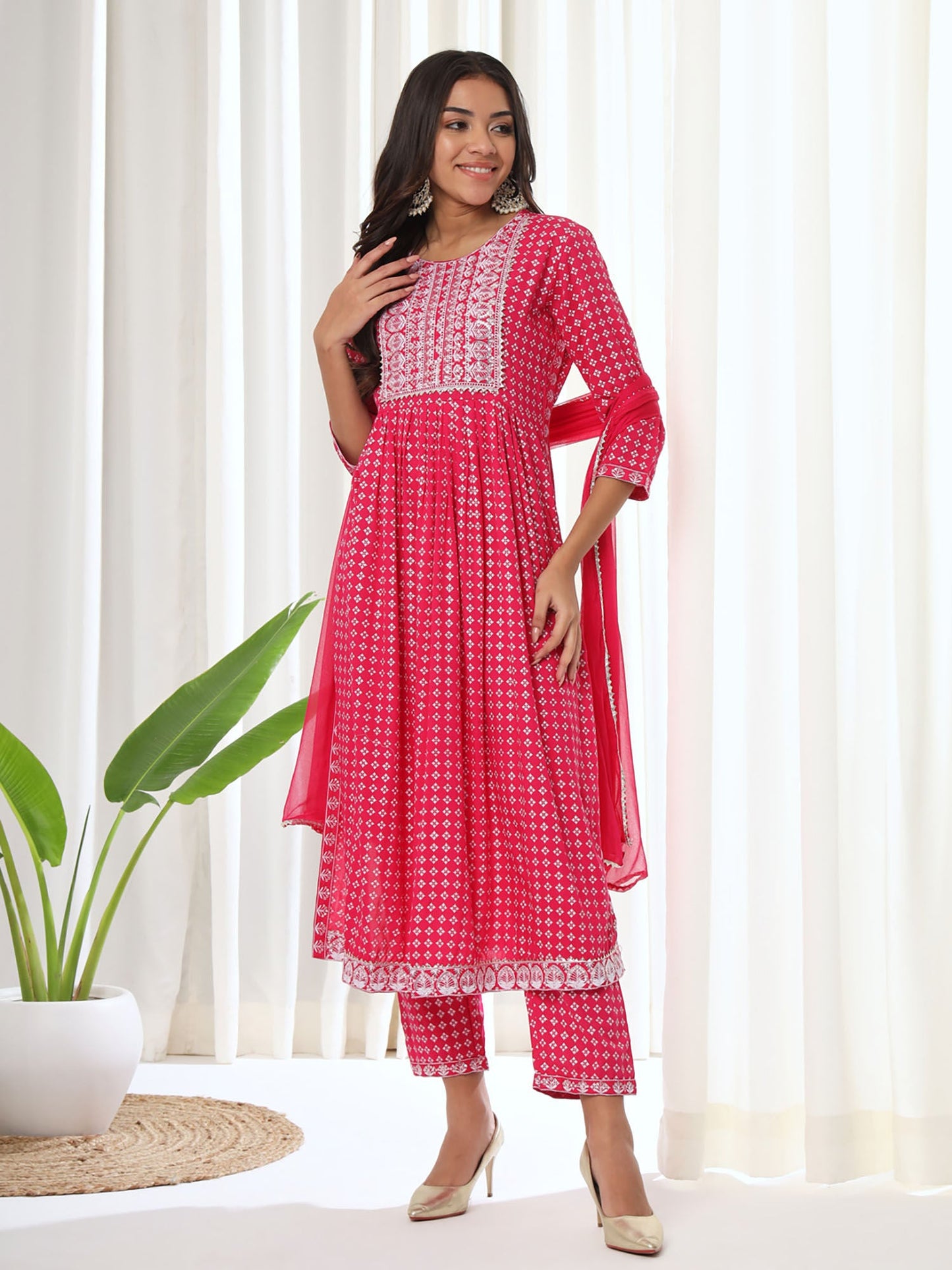 Heeposh Pink Printed A-Line Kurta & Pant with Dupatta (Set of 3)