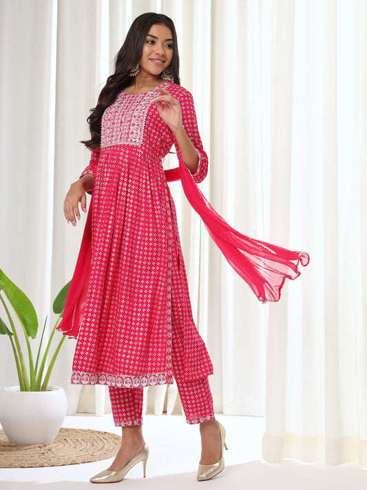 Heeposh Pink Printed A-Line Kurta & Pant with Dupatta (Set of 3)