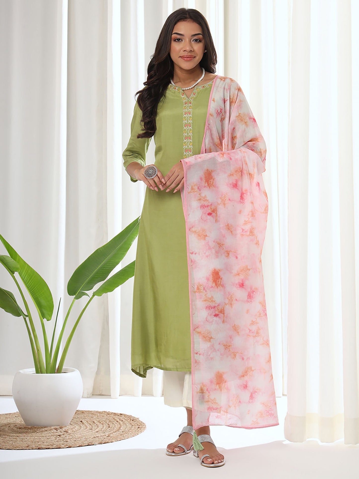 Heeposh Green Embroidered A-Line Kurta & Pant with Printed Chanderi Dupatta (Set of 3)