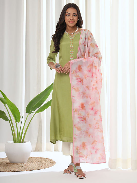 Heeposh Green Embroidered A-Line Kurta & Pant with Printed Chanderi Dupatta (Set of 3)