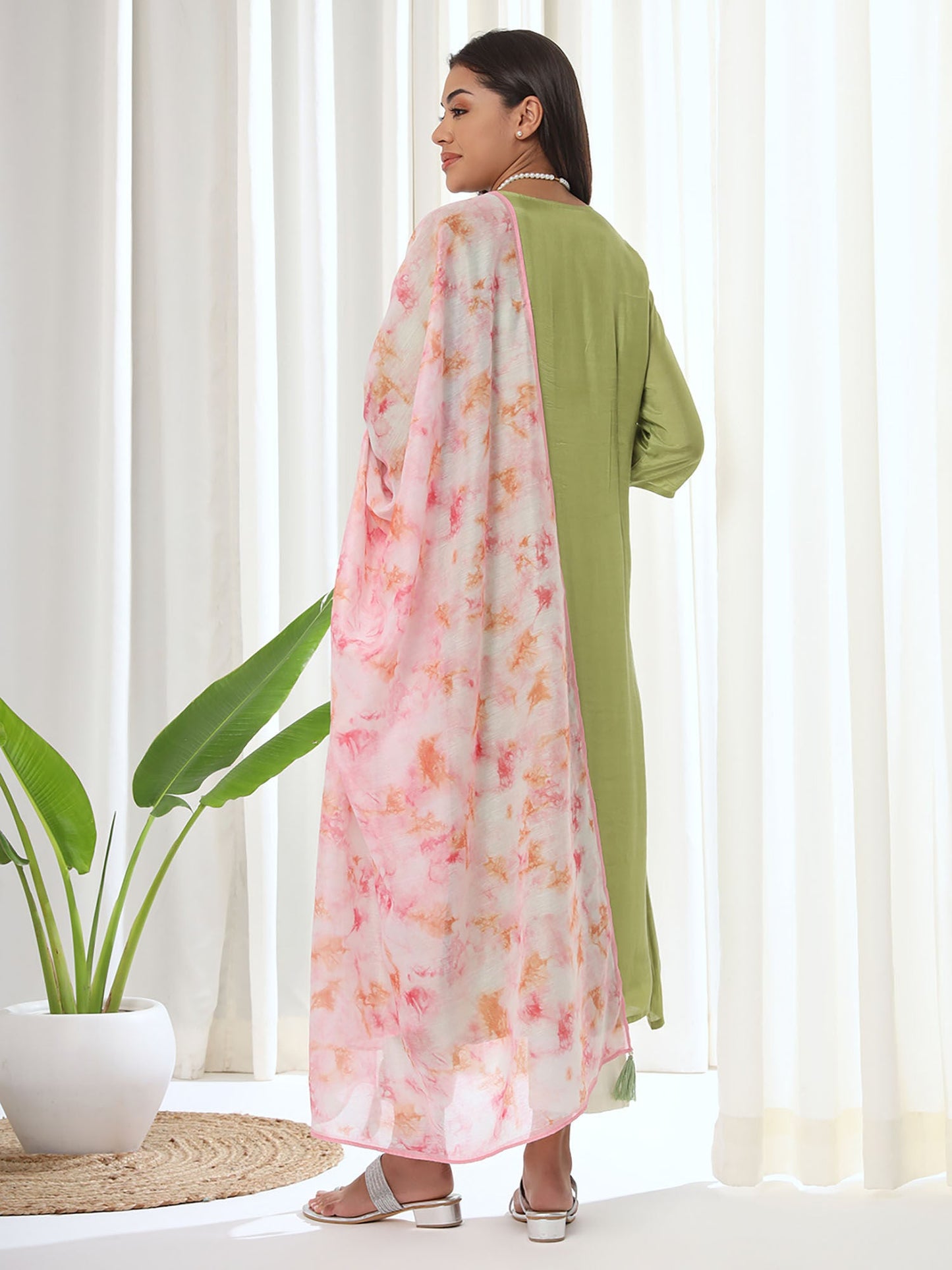 Heeposh Green Embroidered A-Line Kurta & Pant with Printed Chanderi Dupatta (Set of 3)