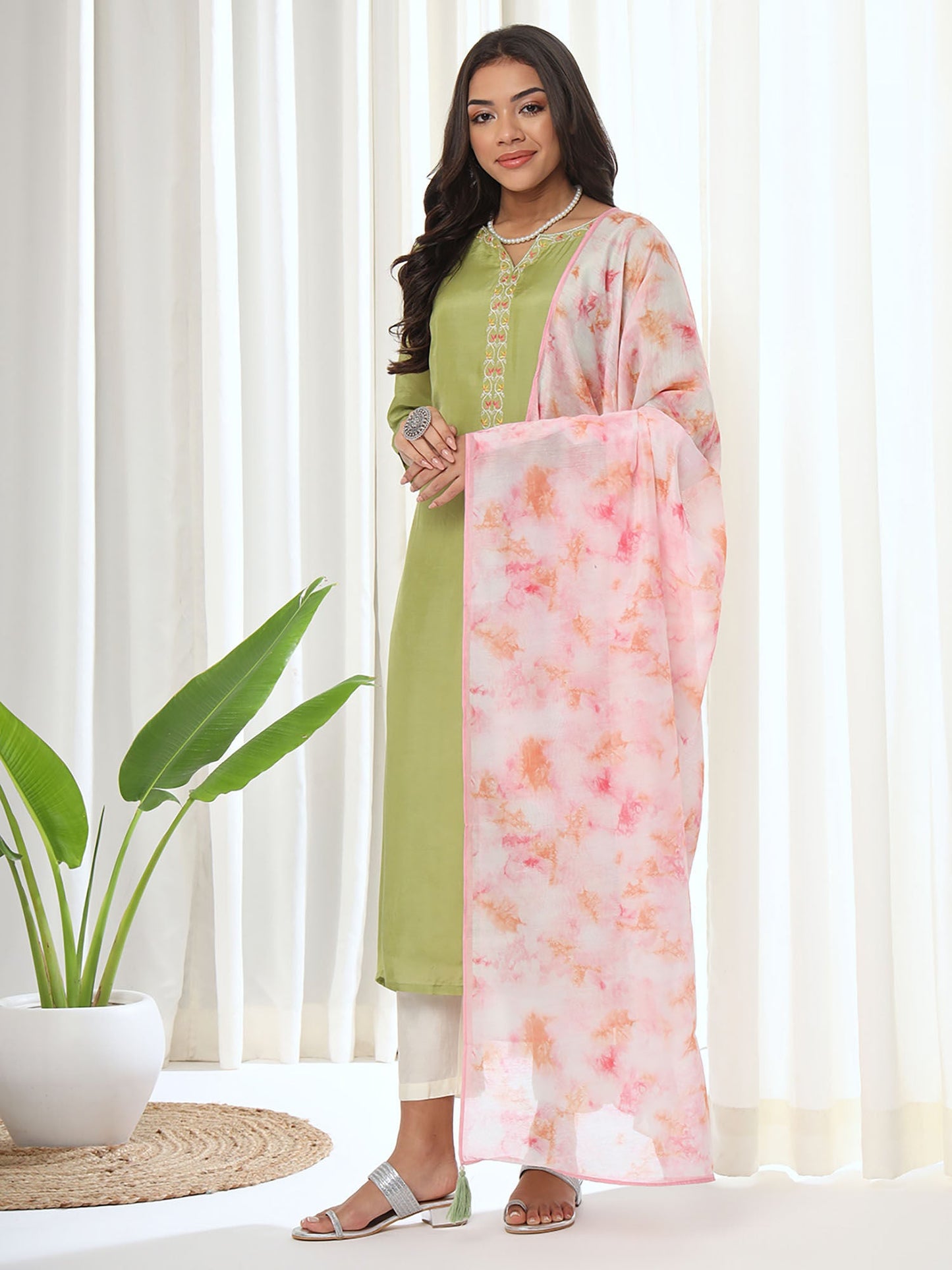 Heeposh Green Embroidered A-Line Kurta & Pant with Printed Chanderi Dupatta (Set of 3)