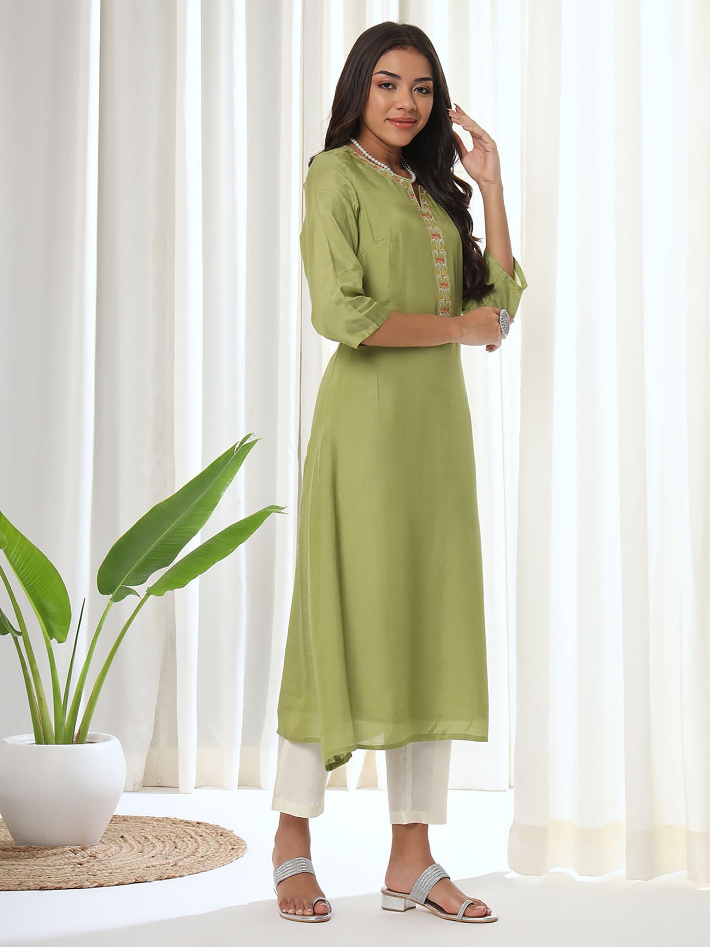 Heeposh Green Embroidered A-Line Kurta & Pant with Printed Chanderi Dupatta (Set of 3)