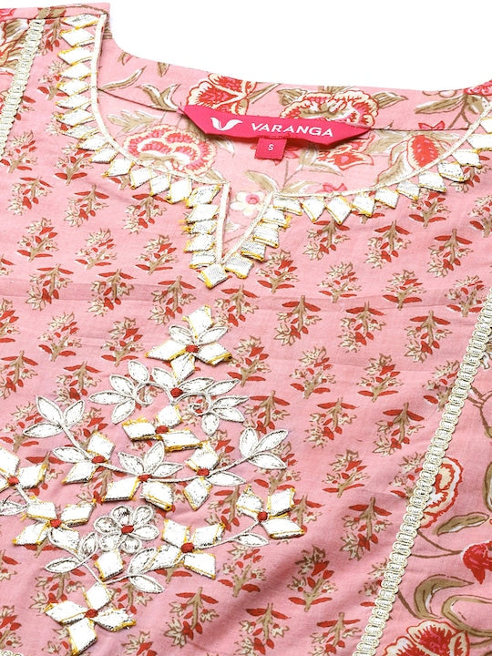 Varanga Women Pink Printed Gotta Patti Pure Cotton Kurta with Trousers & Dupatta