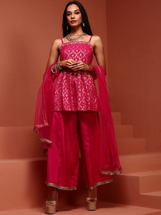 IMARA Floral Printed Shoulder Strapped A-Line Jacquard Kurti with Sharara & With Dupatta