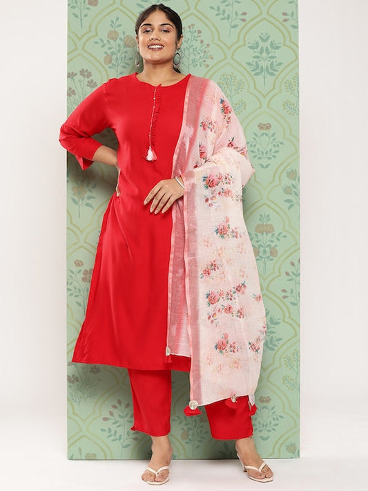 Yufta Plus Size Kantha Work Kurta with Trousers & With Dupatta